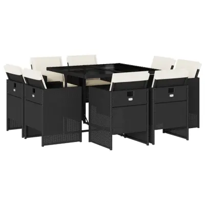 vidaXL Vrtna jedilna garnitura 9-delna z blazinami črn poli ratan