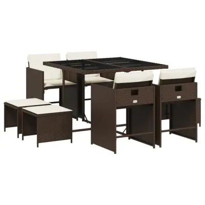 vidaXL Vrtna jedilna garnitura 9-delna z blazinami rjav poli ratan