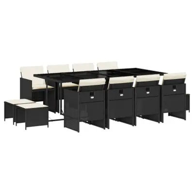 vidaXL Vrtna jedilna garnitura 13-delna z blazinami črn poli ratan