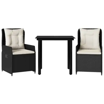 vidaXL Vrtna jedilna garnitura 3-delna z blazinami črn poli ratan