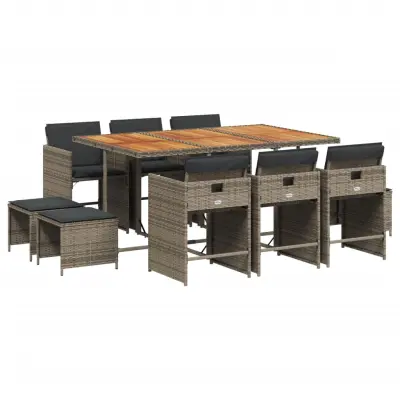 vidaXL Vrtna jedilna garnitura 11-delna z blazinami siv poli ratan