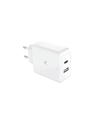 KSIX, GaN ultrabrzi stenski polnilec 45W PD, 1xUSB-C + 1xUSB-A, beli