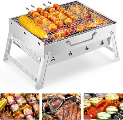 Prenosni žar za žar, zložljivi mini žar za žar iz nerjavečega jekla žar na oglje za žar na prostem, vrt, terasa, piknik, kampiranje za 2-3 osebe