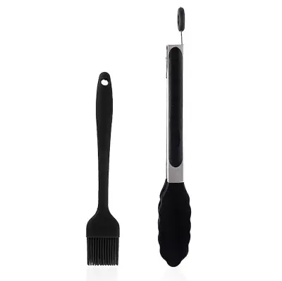Klešče za žar Kuhinjske klešče iz nerjavečega jekla in 2-delni komplet krtač iz silikona za hrano (črna)