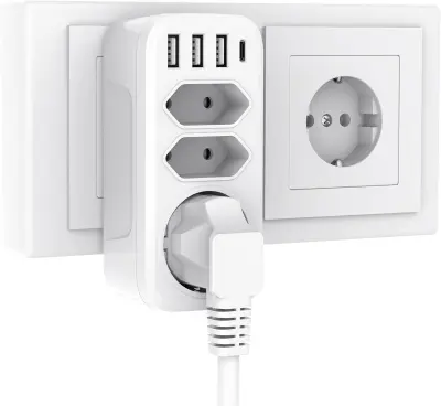 Vtičnica USB, 3 vtičnice s 3 vhodi USB in 1 vhodom Type-C, adapter za vtičnico 7 v 1, adapter za stensko vtičnico (bel)