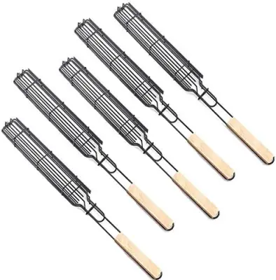 Paket 5 košar za žar za ražnjiče, za večkratno uporabo, vzdržljiv protikorozijski leseni ročaj, orodje za žar, košara za žar, mreža za žar