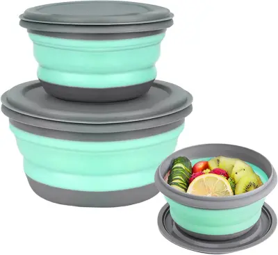 Pack Zložljiva skleda za kampiranje 300/600/1000 ml Zložljiva skleda s pokrovom Prenosna skleda Skleda za solato Okrogla škatla za shranjevanje (zelen