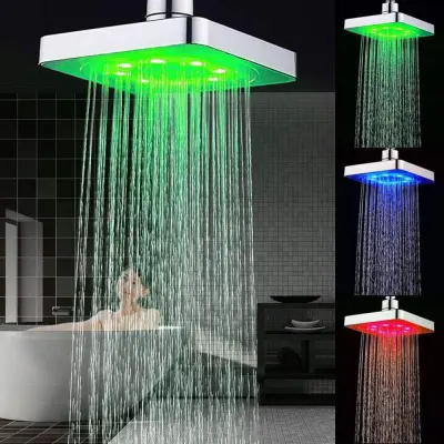 Kvadratna LED glava za prho, 6-palčna LED tribarvna glava za prho, 3 barvno spreminjanje temperature, ki se poganja s pretokom vode, ABS krom, zaključ