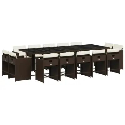 vidaXL Vrtna jedilna garnitura 15-delna z blazinami rjav poli ratan