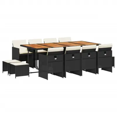 vidaXL Vrtna jedilna garnitura 13-delna z blazinami črn poli ratan