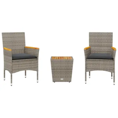 vidaXL Bistro garnitura 3-delna z blazinami siv poli ratan in steklo