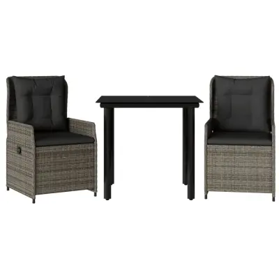 vidaXL Vrtna jedilna garnitura 3-delna z blazinami siv poli ratan