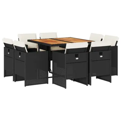 vidaXL Vrtna jedilna garnitura 9-delna z blazinami črn poli ratan