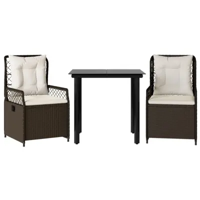 vidaXL Vrtna jedilna garnitura 3-delna z blazinami rjav poli ratan