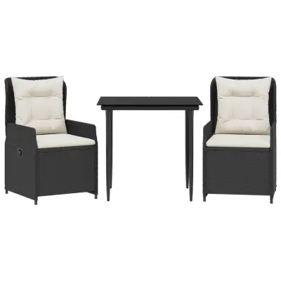 vidaXL Vrtna jedilna garnitura 3-delna z blazinami črn poli ratan