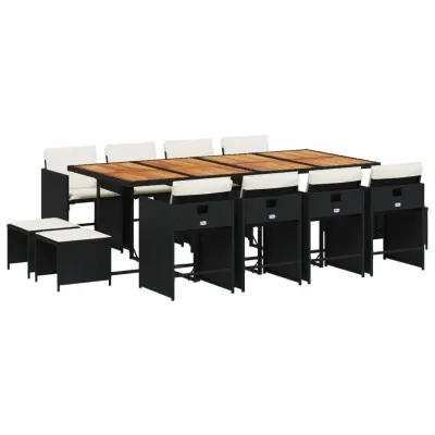 vidaXL Vrtna jedilna garnitura 13-delna z blazinami črn poli ratan