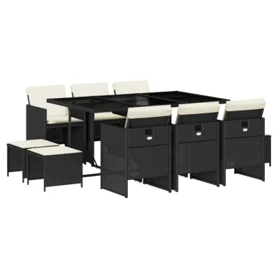 vidaXL Vrtna jedilna garnitura 11-delna z blazinami črna poli ratan