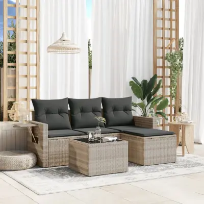 vidaXL Vrtna sedežna garnitura 4-delna z blazinami siv poli ratan