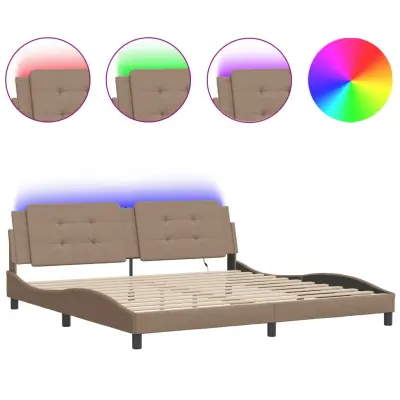 vidaXL Posteljni okvir z LED lučkami kapučino 200x200 cm umetno usnje