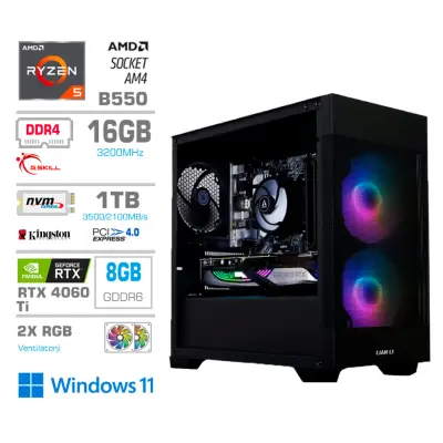 Računalnik MEGA MT S7X R5-5600X/RTX4060Ti-8GB/16GB/1TB-4.0/750W/Win11Home/črna RGB