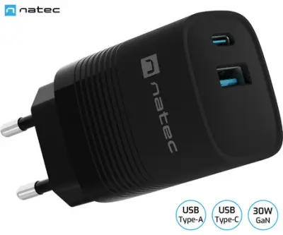 Natec RIBERA GaN polnilec, 30W, 1x USB-A, 1x USB-C, PD 3.0, QC 3.0, protokol PPS, univerzalna kompatibilnost, tehnologija GaN, varnostne zaščite, črn