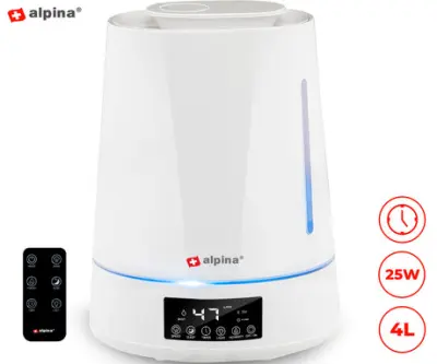 ALPINA vlažilec in osvežilec zraka, 4L, 25W, ultrasonični, 3 stopnje meglice, časovnik, LED osvetlitev, LED zaslon, + daljinski upravljalnik, bel