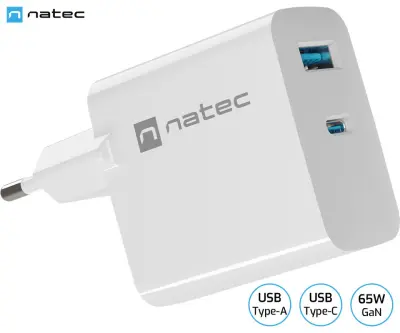 Natec RIBERA GaN polnilec, 65W, 1x USB-A, 1x USB-C, PD 3.0, QC 3.0, protokol PPS, univerzalna kompatibilnost, tehnologija GaN, varnostne zaščite, bel