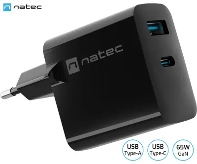 Natec RIBERA GaN polnilec, 65W, 1x USB-A, 1x USB-C, PD 3.0, QC 3.0, protokol PPS, univerzalna kompatibilnost, tehnologija GaN, varnostne zaščite, črn