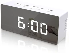 Digitalna LED budilka z zrcalno površino Bela