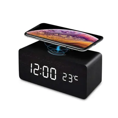 LED budilka z brezžičnim polnjenjem Črna