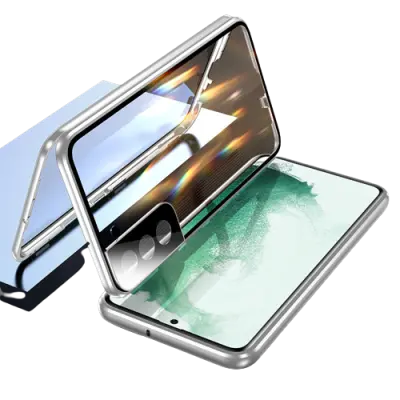 Magnetna dvostranska torbica za telefon iz kaljenega stekla Silver  Samsung S23