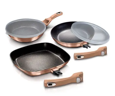 SET 3 GRANITNIH PONEV S SNEMLJIVIM ROČAJEM 5 ELEMENTOV BERLINGER HAUS METALIC LINE ROSE GOLD BH-7038