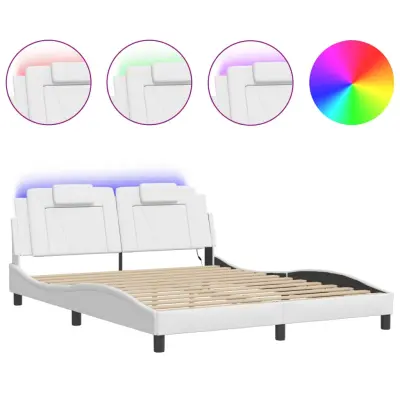 vidaXL Posteljni okvir z LED lučkami bel 160x200 cm umetno usnje