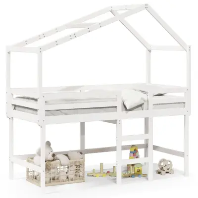 vidaXL Posteljni okvir z lestvijo in streho bel 90x190 cm borovina
