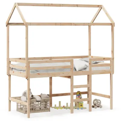 vidaXL Posteljni okvir z lestvijo in streho 90x190 cm borovina