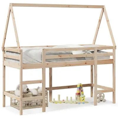 vidaXL Posteljni okvir z lestvijo in streho 90x190 cm borovina