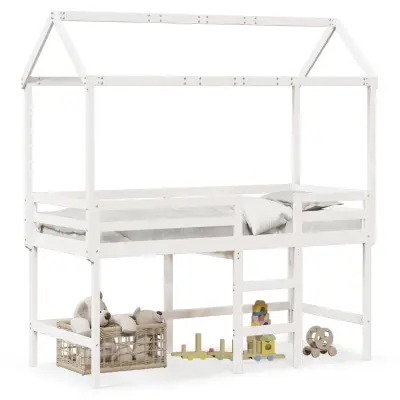 vidaXL Posteljni okvir z lestvijo in streho bel 90x190 cm borovina