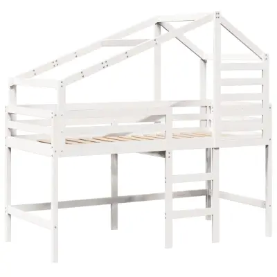 vidaXL Posteljni okvir z lestvijo in streho bel 90x190 cm borovina