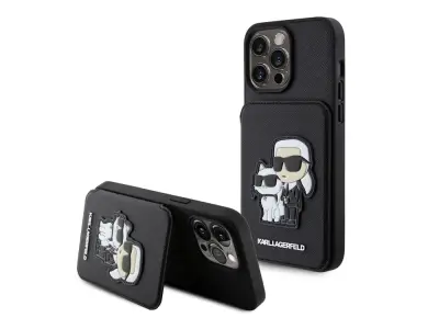 Karl Lagerfeld, Ohišje za Apple iPhone 15 Pro Saffiano z držalom za kartice, Črna