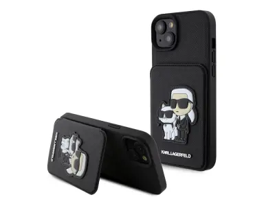Karl Lagerfeld, Ohišje za Apple iPhone 15 Plus Saffiano z držalom za kartice, Črna