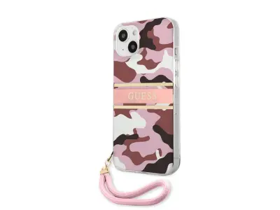 Guess, Ohišje za Apple iPhone 13 Camo z najlonskim trakom, Roza