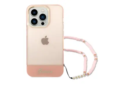Guess, Ohišje za Apple iPhone 14 Pro Max Barve s trakom z biseri, Roza
