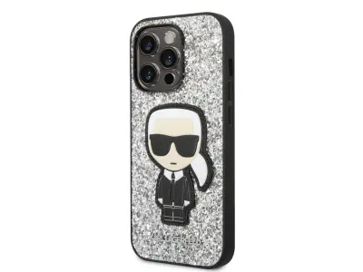Karl Lagerfeld, Trdo ohišje za Apple iPhone 14 Pro Glitter Flakes Ikonik, Srebrna