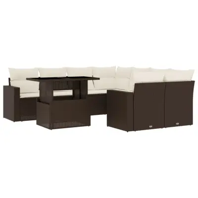 vidaXL Vrtna sedežna garnitura 9-delna z blazinami rjava poli ratan