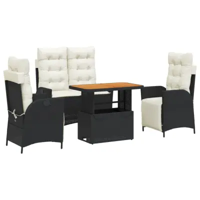 vidaXL Vrtna jedilna garnitura 4-delna z blazinami črn poli ratan