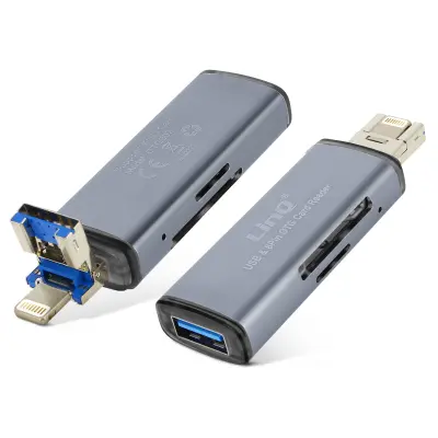 Citalnik kartic SD / Micro-SD 2 v 1 Lightning / USB moški, OTG funkcija z USB ženski, LinQ - siv