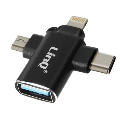 USB-C, Micro-USB in Lightning na USB 3.0 ženski OTG adapter, kompakten dizajn 3-v-1, LinQ - crn