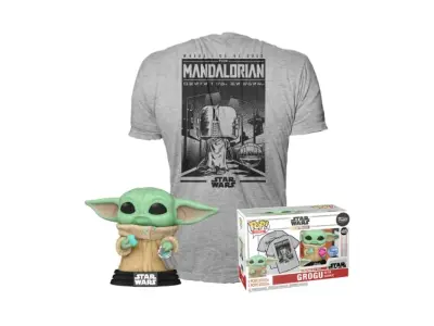 Funko pop! & TEE: Mando - Grogu s piškotom (otrok, dojenček Yoda) s piškotom - velikim - (l) - Vojne zvezd Mandalian - majica - oblačila z zbirljivo v