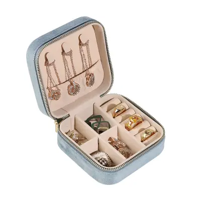 Prenosna škatla za nakit iz potovalnega žameta, organizator za nakit LightBlue