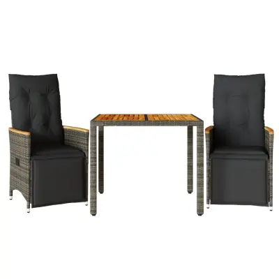 vidaXL Vrtna bistro garnitura 3-delna z blazinami siv poli ratan